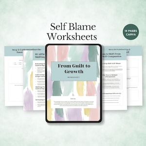 Hoja de trabajo de autoculpa, herramientas de regulación emocional, libro de trabajo de terapia de la vergüenza y la responsabilidad, guía de autoayuda, técnicas de TCC, crecimiento personal, Canva