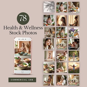Könnte beinhalten: Eine Collage aus 78 Stockfotos, die Menschen bei Wellness-Aktivitäten wie Yoga, Meditation, Hautpflege und gesundem Essen zeigen. Die Fotos sind in einem Rasterformat angeordnet und alle in einer warmen, natürlichen Farbpalette gehalten. Der Text "78 Health & Wellness Stock Photos" wird oben auf der Collage angezeigt, und der Text "COMMERCIAL USE" wird unten angezeigt.