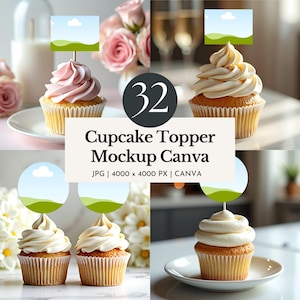 カップケーキ トッパー モックアップ Canva ドラッグ アンド ドロップで簡単に作成できるテンプレート。パン職人向けに編集可能な空白のケーキ トッパー。Etsy 出品用モックアップ。すぐにダウンロード可能。