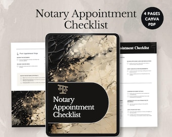 May include: A digital checklist for notary appointments. The checklist is on a tablet with a black and gold marble background. The text "Notary Appointment Checklist" is in a gold font on a black background.