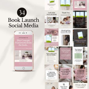 May include: A collection of 34 social media templates for book launches, featuring a smartphone mockup with a pink interface. The templates include various layouts with text and images, promoting book content and engagement. The overall design is clean and modern.