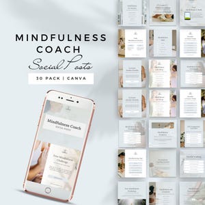 Può includere: Un set di 30 modelli di post sui social media per coach di mindfulness, progettati per Canva. I modelli presentano uno sfondo blu chiaro con testo e immagini bianche. I modelli includono argomenti come la mindfulness per l'ansia, le app di mindfulness e la mindfulness sul posto di lavoro.