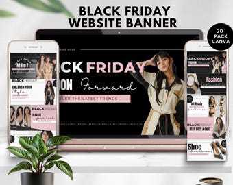 Op de afbeelding: Een laptopscherm dat een zwart en roze banner toont met de tekst "Black Friday On Forward" en een vrouw die een wit shirt draagt. De banner is op een zwarte achtergrond en heeft de tekst "Ontdek de nieuwste trends". De laptop staat op een tafel met een plant en een kop koffie.