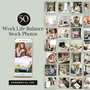 Könnte beinhalten: Eine Collage aus 50 Stockfotos, die die Work-Life-Balance darstellen. Die Fotos zeigen Menschen, die von zu Hause aus arbeiten, trainieren und Freizeitaktivitäten genießen. Der Text "50 Work Life Balance Stock Photos" wird in einem schwarzen Kreis mit weißem Rand angezeigt. Der Text "COMMERCIAL USE" wird unterhalb der Collage angezeigt.