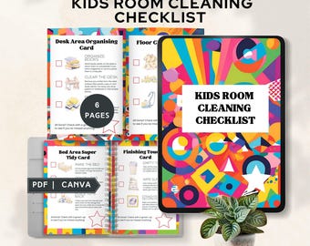 Lista de verificación para limpiar la habitación de los niños, lista de limpieza de la habitación ordenada, zona de la casa, organización familiar, cuadro de tareas para niños imprimible, recompensa, descarga digital en Canva