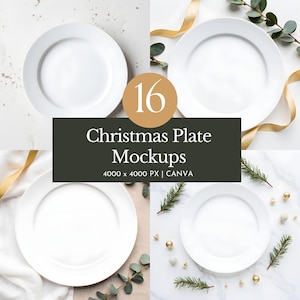 May include: A mockup featuring four white plates, arranged in a square, with festive decorations. The image includes text that reads "16 Christmas Plate Mockups" and "4000 x 4000 PX | CANVA". Gold ribbon, greenery, and ornaments add to the holiday theme.