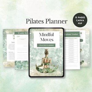 pilates planner template fitness wellness tracker exercise routine journal reformer class printable zen yoga instructor gift editable canva