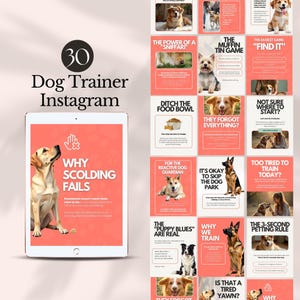 Peut inclure: Graphique numérique pour Instagram d'un dresseur de chiens, avec une tablette affichant "Pourquoi gronder échoue" et divers conseils d'entraînement canin. La conception comprend des images de chiens et du texte comme "Le pouvoir du Sniffari".