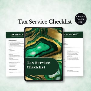 Könnte beinhalten: Ein grünes und goldenes digitales Tablet mit einer Checkliste für Steuerdienstleistungen. Der Text "Tax Service Checklist" wird auf dem Bildschirm des Tablets angezeigt. Das Tablet befindet sich auf einem grünen und goldenen Hintergrund.