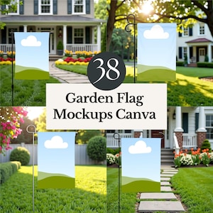 May include: A set of 38 garden flag mockups for Canva. The mockups feature a variety of different backgrounds, including a house, a yard, and a sidewalk. The flags are all blank, so you can easily add your own designs.