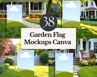 garden flag mockup canva frame easy drag and drop background yard sign template customizable PNG house banner sublimation design portrait