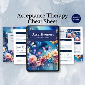 Puede incluir: Descarga digital de una "Acceptance Therapy Cheat Sheet" con el texto "Assertiveness Worksheets Bundle". El diseño presenta mariposas y flores de acuarela en tonos azules, rosas y naranjas. Incluye 6 páginas.