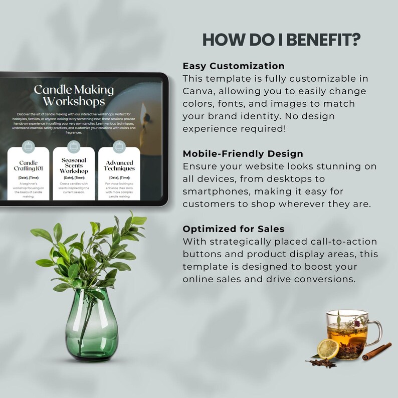 canva website template for candles business website themed candle  luxury website premade design clean website candles shop owner editable