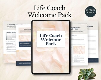 Puede incluir: Un paquete de bienvenida digital para Life Coach que se muestra en una tableta, con el texto "Life Coach Welcome Pack". La imagen incluye varias páginas con esquemas de procesos de coaching y hojas de trabajo. Una pequeña planta en maceta está en primer plano. El paquete contiene 21 páginas y está diseñado en Canva.