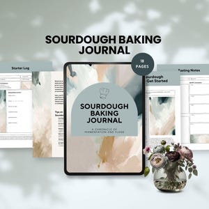 May include: A digital journal for sourdough baking with an abstract watercolor cover design. The journal includes sections for starter log, tips on sourdough, sourdough get started, and tasting notes. The journal has 18 pages.