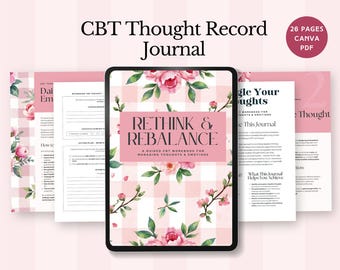 CBT Thought Record Journal Mental Health Workbook Anxiety Relief Coping Tool cognitive behavioral Therapy printable Self-Help editable canva