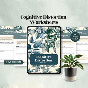 cognitive distortion worksheets cbt cognitive behavioural therapy workbook unhelpful thought patterns tool for mental health counselor canva