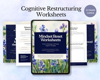 Hojas de trabajo de reestructuración cognitiva, desafiando patrones de pensamiento negativos, herramientas imprimibles de terapia cognitivo conductual, kit de regulación emocional para la salud mental.