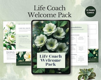 Puede incluir: Un paquete de bienvenida digital para Life Coach con un diseño floral. El paquete incluye una tableta con una imagen floral y el texto "Life Coach Welcome Pack". Páginas adicionales muestran contenido sobre el coach y responsabilidades.