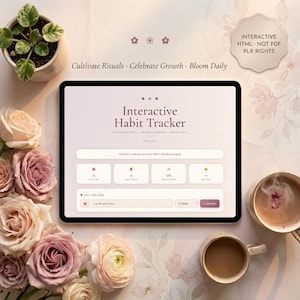 Könnte beinhalten: Ein digitales Tablet mit einer interaktiven Gewohnheits-Tracker-Oberfläche, die den Text Interactive Habit Tracker, Cultivate Rituals, Celebrate Growth, Bloom Daily und einen Bereich zum Hinzufügen einer neuen Gewohnheit in sanften Rosa- und Weißtönen zeigt.