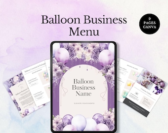 May include: A digital menu template for a balloon business, featuring a tablet displaying a purple and white design with balloons and floral accents. The text reads "Balloon Business Menu" and "Elevate Your Events!"