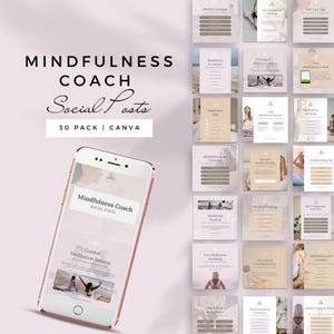 Puede incluir: Una maqueta digital de una pantalla de teléfono que muestra una publicación en redes sociales para un entrenador de mindfulness. La publicación presenta una combinación de colores rosa y blanco con una foto de dos personas meditando en una playa. El texto de la publicación dice "Sesión de meditación guiada".