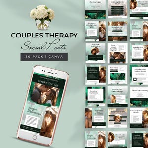 Op de afbeelding: Een digitale download van 30 social media post-sjablonen voor relatietherapie. De sjablonen hebben een groen-wit kleurenschema met aquarelachtige achtergronden en tekst die zinnen bevat zoals "Navigeer in juridische relaties" en "Verhoog uw intimiteit".