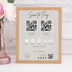 Scan-to-Pay-Vorlage (Canva, QR-Code, bearbeitbare Karte) Zahlungsmethoden: Venmo, Apple Pay, Cash App, PayPal. Preise. Vielen Dank für Ihr Verständnis. Druckvorlage.