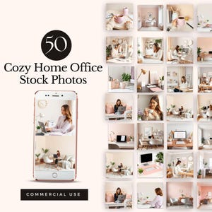 Könnte beinhalten: Eine Sammlung von 50 Cozy Home Office Stockfotos. Die Bilder zeigen Frauen, die in verschiedenen Home-Office-Umgebungen an Laptops arbeiten. Die Fotos werden auf einem Smartphone und in einem Raster angezeigt, mit dem Text "Commercial Use" unten.