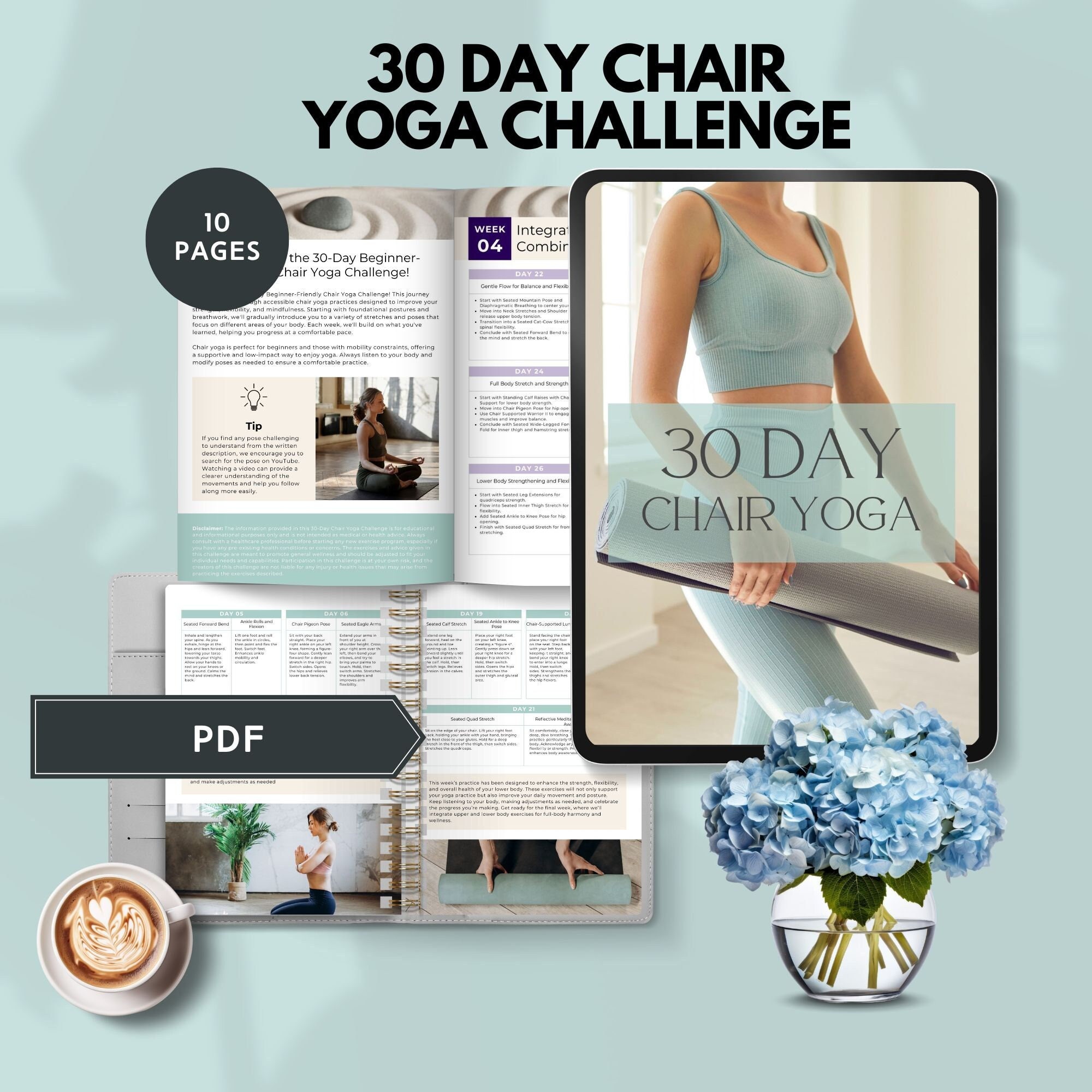 Yoga ultime sur chaise pour personnes âgées à imprimer - programme d'exercices de 28 jours, perte de poids, ensemble bien-être, guide d'entraînement, tracker, fitness. - France