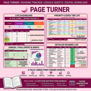 May include: Digital reading tracker for Google Sheets, featuring a pink theme. Includes a live dashboard, priority-coded TBR list, detailed reading log, annual challenges, and bingo. Also includes a 15-section instruction manual.