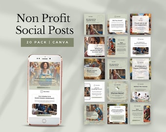 Op de afbeelding: Een smartphone-mockup met een social media-bericht, samen met een raster van 16 andere social media-berichten. De berichten zijn lichtgroen en wit, met de tekst "Non Profit Social Posts" bovenaan.