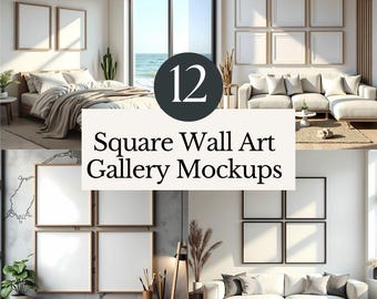 May include: Twelve square wall art gallery mockups featuring white sofas and various wall arrangements with square frames. The mockups are set in modern living rooms with natural light.