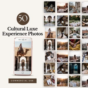 Puede incluir: Una colección de 50 "Cultural Luxe Experience Photos" sobre un fondo crema. Las imágenes muestran viajes de lujo y experiencias culturales. Un smartphone muestra dos de las fotos. El texto "Commercial Use" está en la parte inferior.