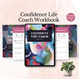Può includere: Un quaderno di lavoro digitale intitolato "Confidence Life Coach Workbook" con il testo "Confident Life Coach" sulla copertina. La copertina presenta un design astratto con pennellate blu, rosa e verdi. Il quaderno di lavoro include 33 pagine.