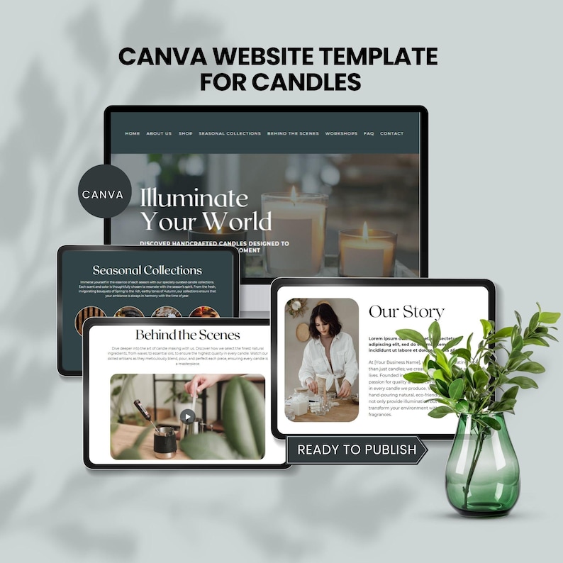 canva website template for candles business website themed candle  luxury website premade design clean website candles shop owner editable