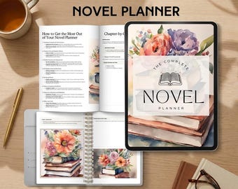 sjabloon voor romanplanner, boekschrijforganizer, auteursgids voor schrijvers, plotoverzicht, fictieplanning, digitaal cadeau, bewerkbaar op Canva
