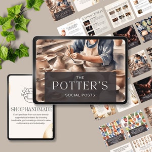 May include: A digital tablet displaying a collection of social media posts for a pottery business. The posts feature watercolor illustrations of pottery, hands shaping clay, and inspirational quotes about the craft. The text on the tablet reads "The Potter's Social Posts".