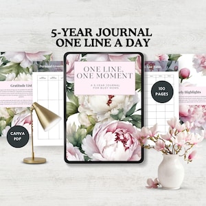 5 year journal one line a day digital daily journal for moms gratitude journal 365 day Reflection Mindfulness gift printable canva template