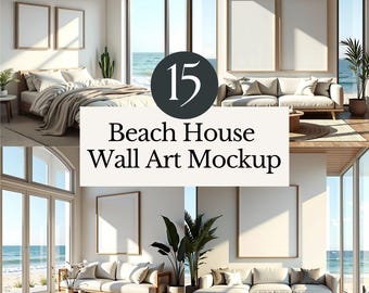 beach house wall art mockup coastal home wood frame mock up bundle modern summer interior poster display template digital print etsy listing