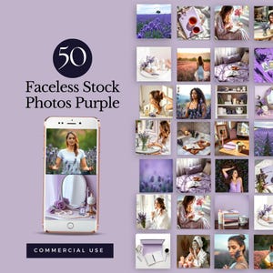 Könnte beinhalten: Eine Sammlung von 50 lilafarbenen Stockfotos für kommerzielle Nutzung. Die Fotos zeigen verschiedene Szenen mit Lavendelblüten, einer meditierenden Frau und anderen lilafarbenen Objekten.
