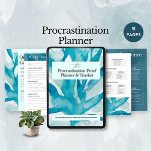 May include: A digital Procrastination Planner with a teal watercolor design. The planner includes 18 pages and features the text "Procrastination-Proof Planner & Tracker". Additional pages show weekly planning and workflow guides.