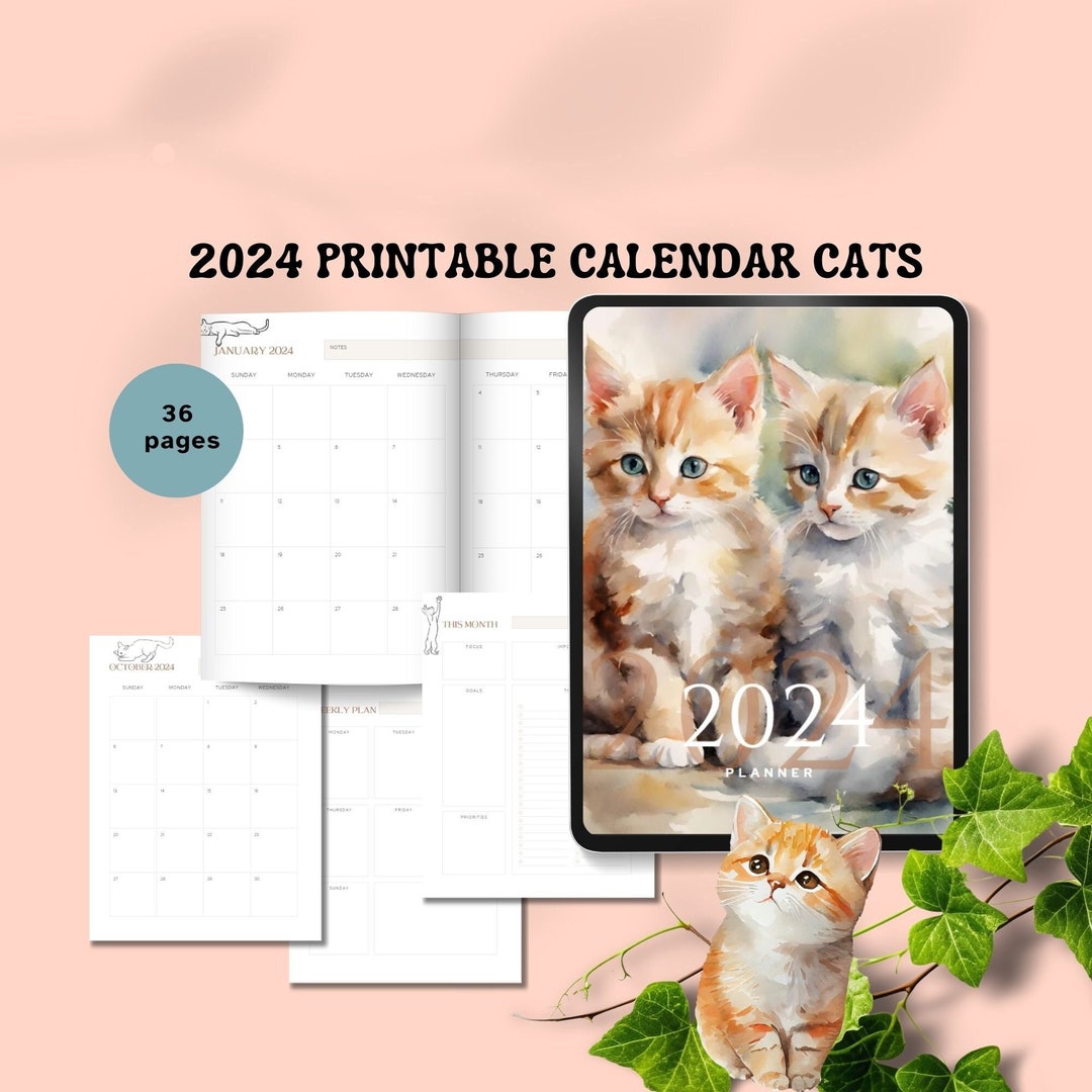 2024 Printable Calendar Cats Calendar Cat Print Cat Gifts Daily Planners 2024 Yearly Planner