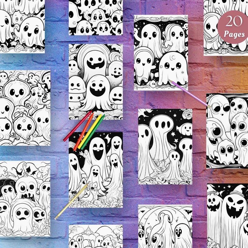 Retro Halloween Coloring Page for Adult Plr Cute Ghosts Kids Coloring ...