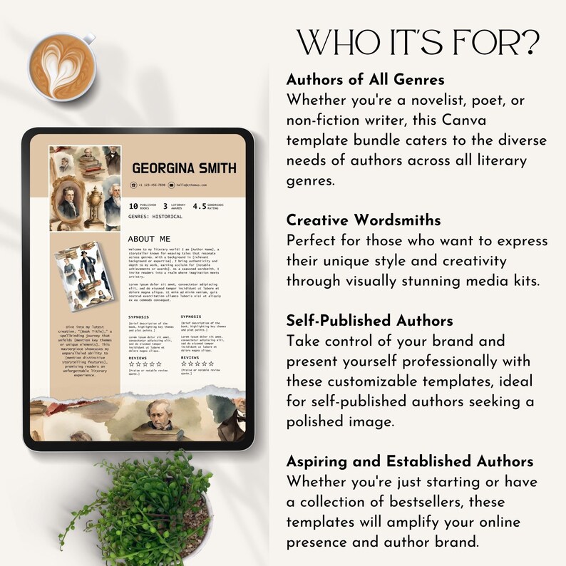 media kit canva template for author media kit novelist Sheet Canva Author Press Kit Book Author Profile Book Marketing writer profile sheet