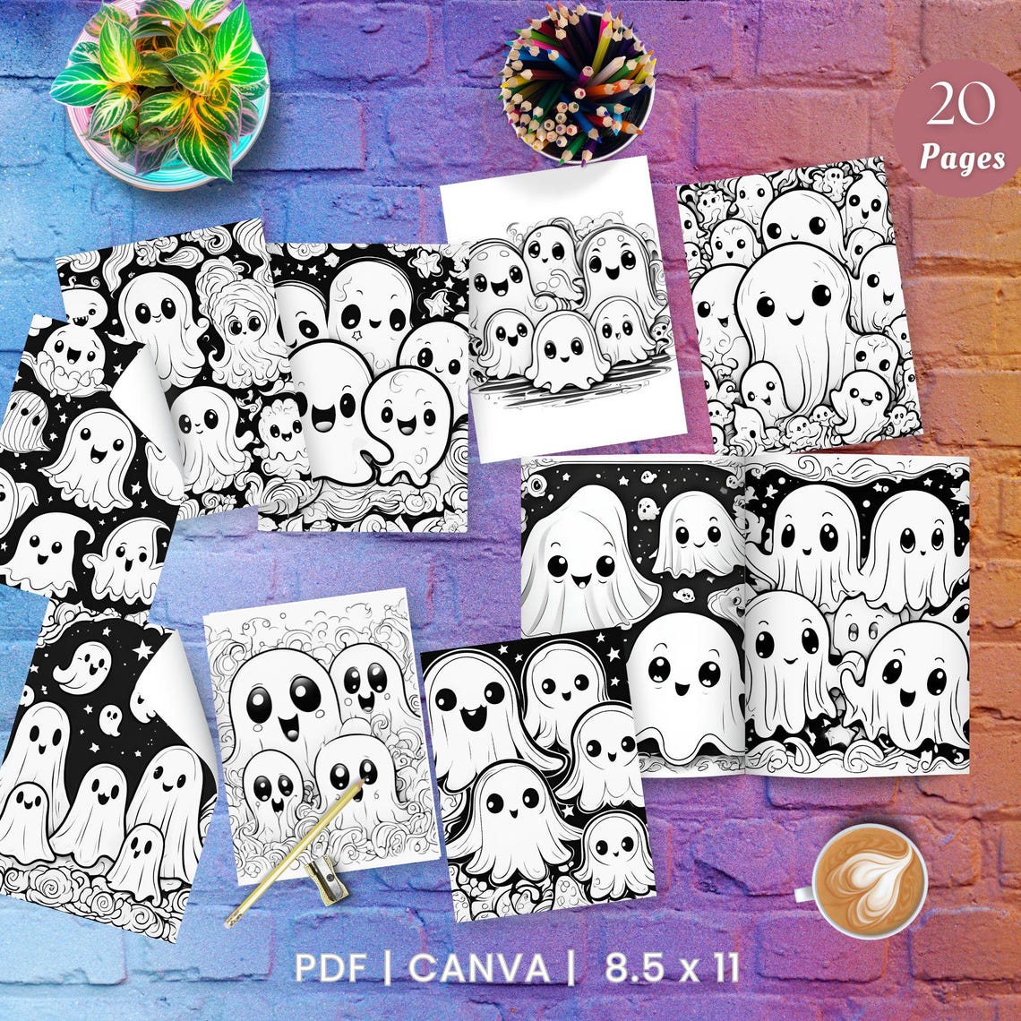 Retro Halloween Coloring Page for Adult Plr Cute Ghosts Kids Coloring ...