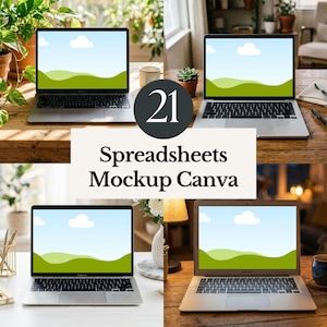 May include: A digital product display featuring four silver laptops on wooden surfaces, each showing a screen graphic of green rolling hills and white clouds. The central text overlay reads 21 Spreadsheets Mockup Canva in black font.