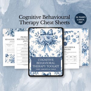 Puede incluir: Un kit de herramientas digital de terapia cognitivo-conductual con hojas de trucos. La portada presenta un diseño floral en tonos azules. El texto dice "Cognitive Behavioural Therapy Cheat Sheets" y "Cognitive Behavioral Therapy Toolkit".