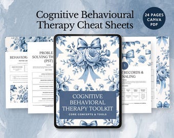 Hoja de referencia para la terapia cognitivo-conductual, guía de referencia para técnicas de TCC, folleto para terapeutas de salud mental, notas dialécticas, imprimibles y editables.