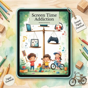screen time addiction worksheets digital detox for kids parent rule guide device management workbook mental health therapy printable ADHD
